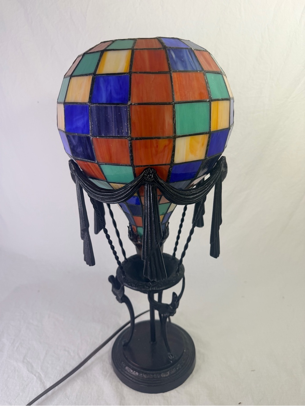 Vintage Tiffany Style Hot Air Balloon Stained Glass Lamp Multicolor Accent Light